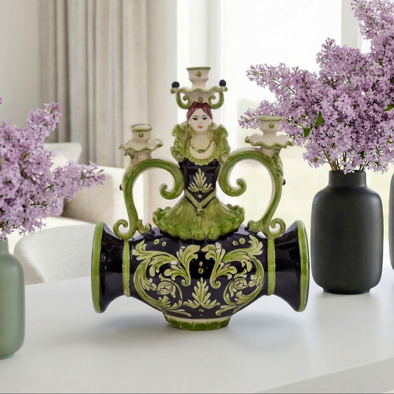 Lumiera Scaldone 3 Fuochi in Ceramica di Caltagirone h 32 cm - Linea Parigi, Nero e Verde