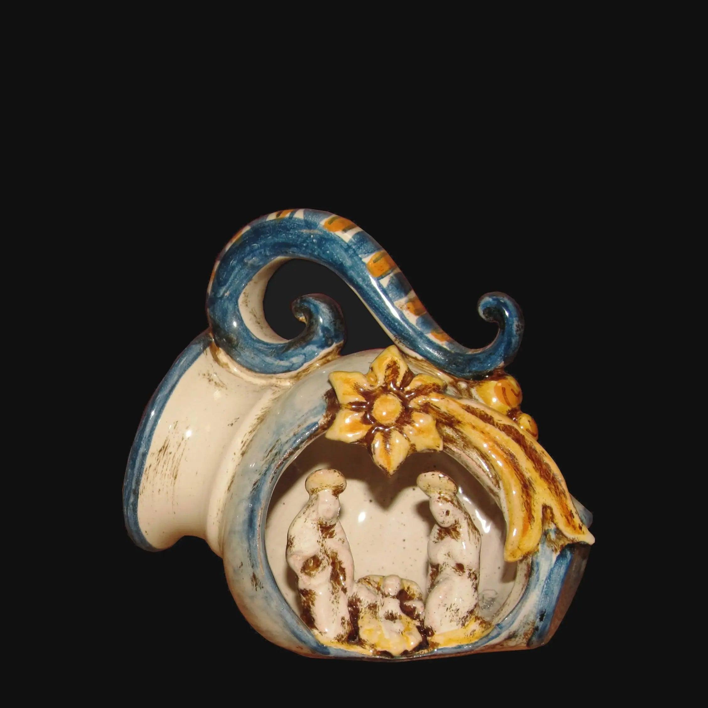 Presepe in ceramica di Caltagirone Sofia, mini giara blu e arancio, ceramiche caltagirone fatti a mano.