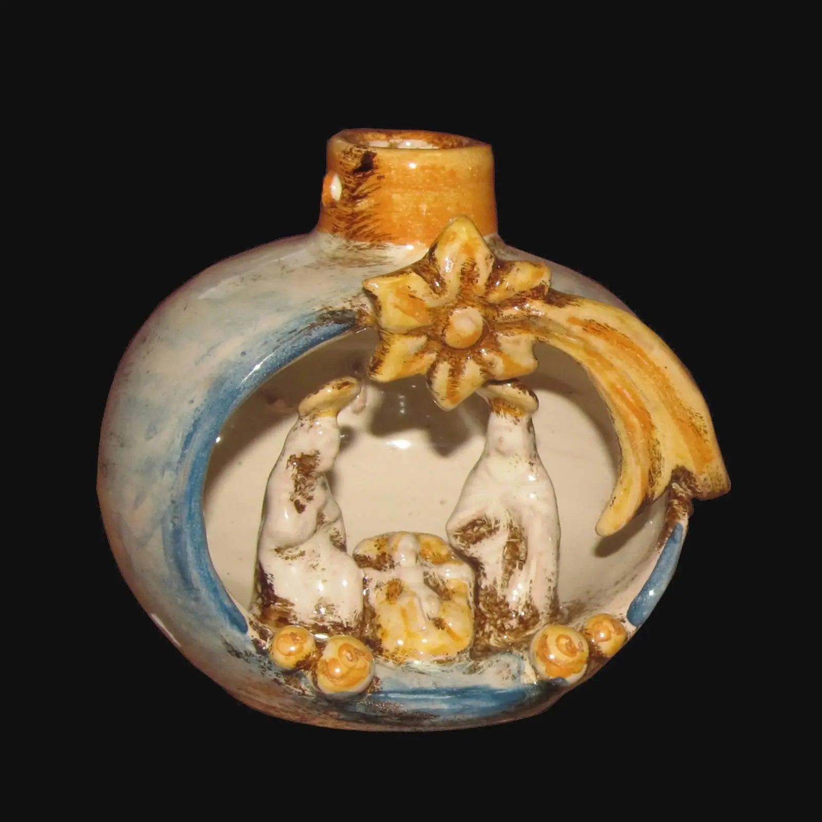 Natività in mini pallina blu e arancio, ceramiche Caltagirone fatti a mano, artigianale