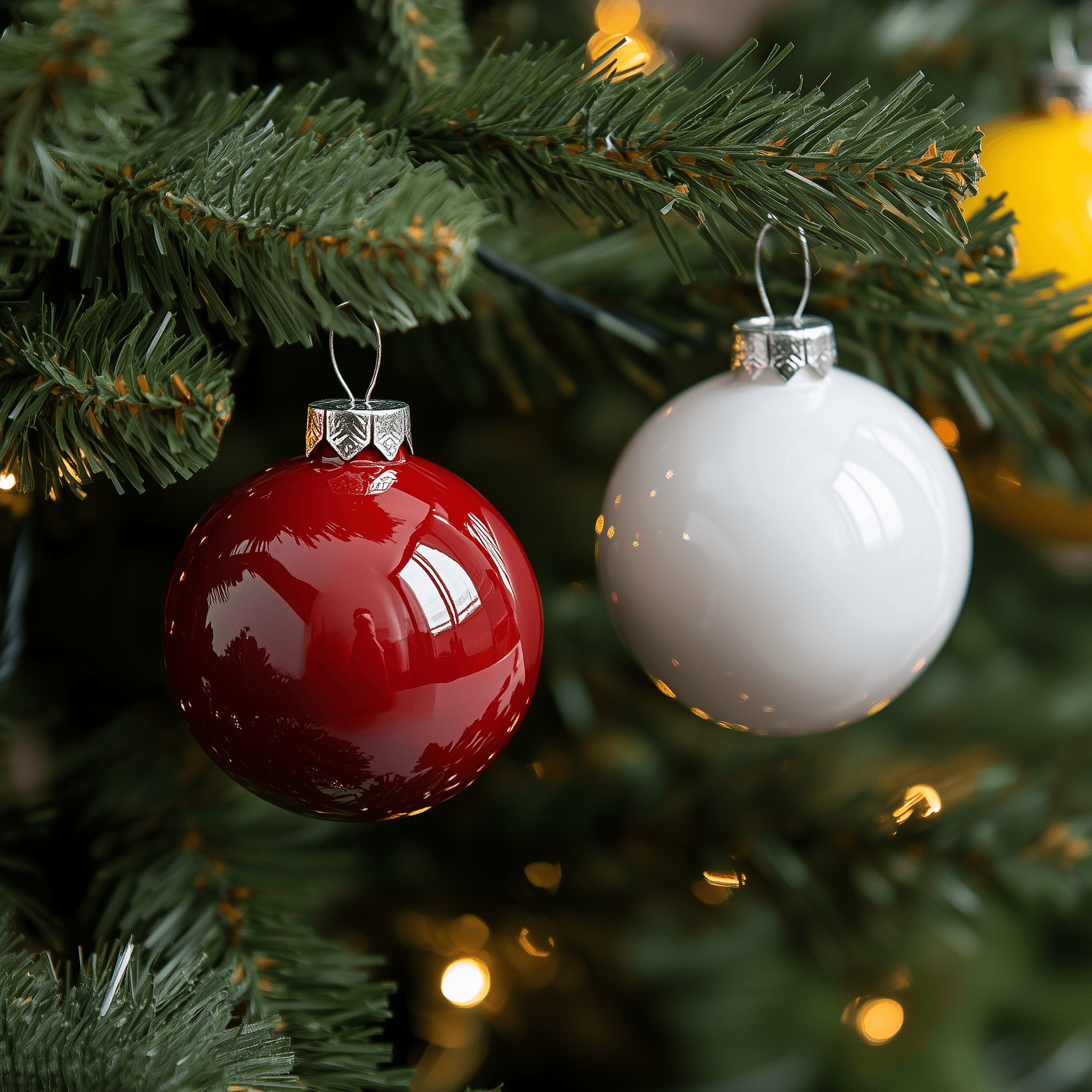 Palline natalizie rosse e bianche ceramiche Caltagirone fatti a mano su albero di Natale