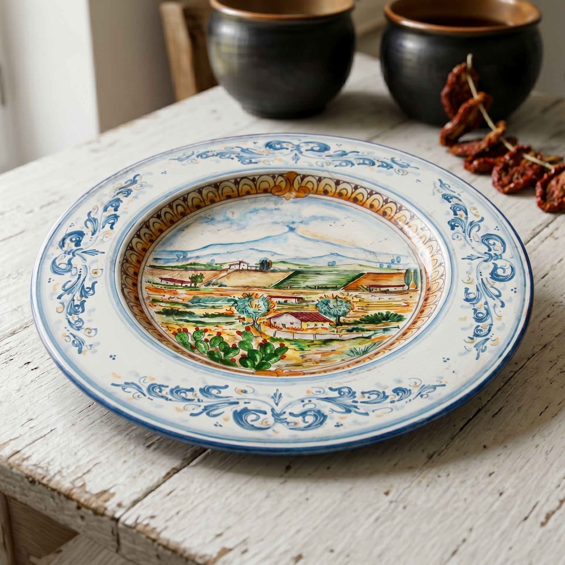 Piatto Cappello Prete in Ceramica di Caltagirone - Con Paesaggio Etna, Serie d'arte in Blu e Arancio