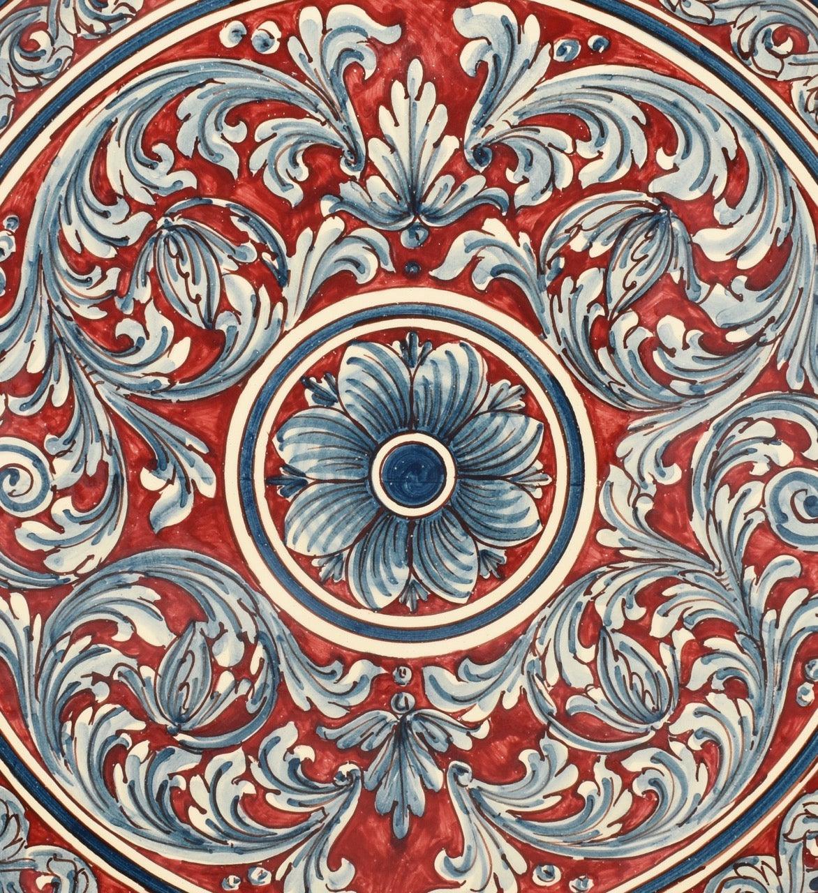 Piatto ornamentale ceramiche Caltagirone fatti a mano con decoro floreale blu e rosso