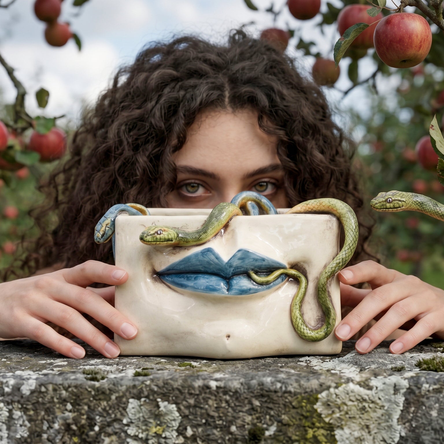 Scatola Medusa in Ceramica - Labbra Blu e Serpenti Applicati, Madreperla Antichizzato