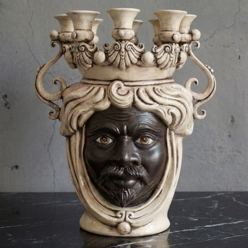 Testa di moro candelabro in ceramica Caltagirone fatti a mano, stile antichizzato, su sfondo neutro