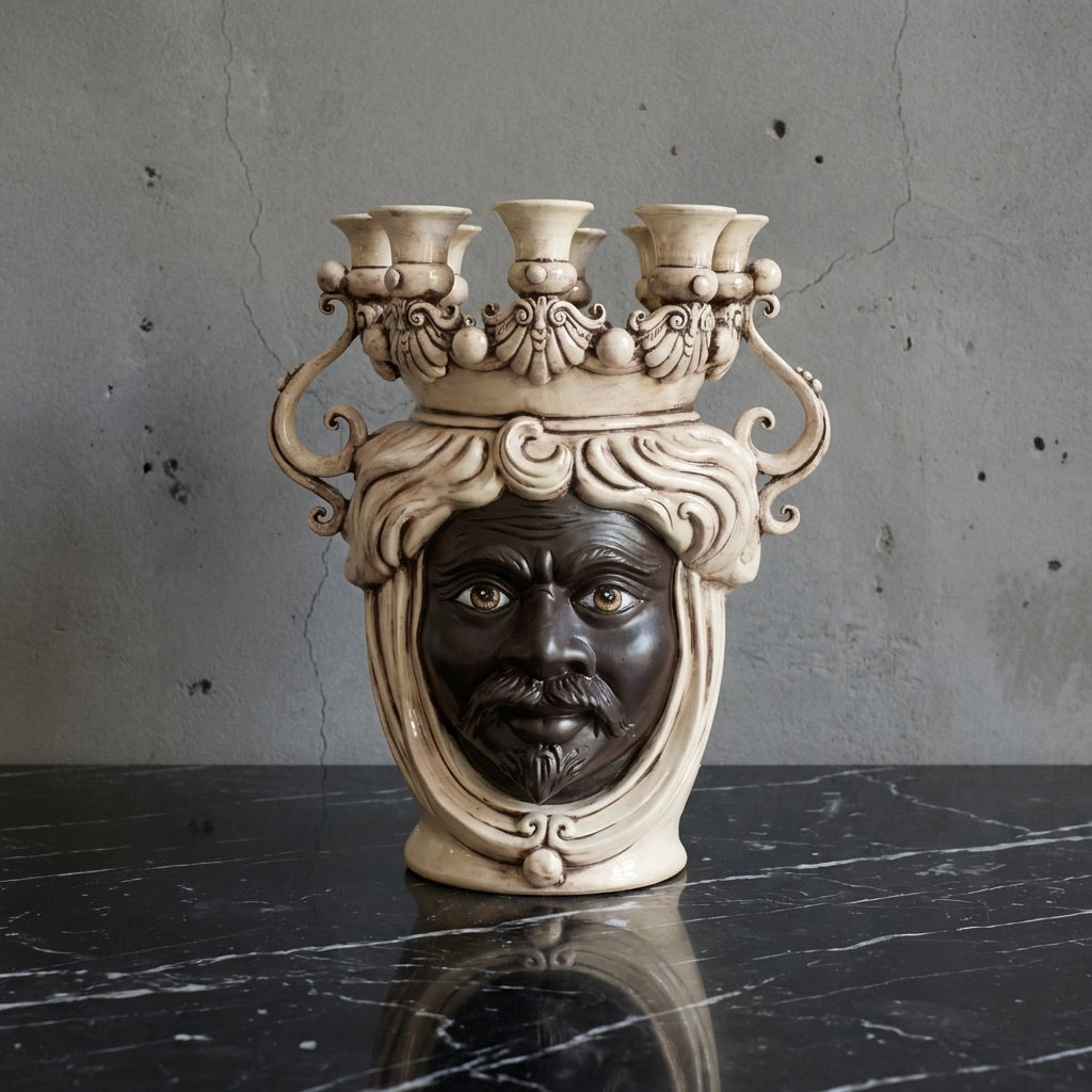 Candeliere testa moro in ceramica di Caltagirone fatti a mano, stile artigianale su sfondo neutro.