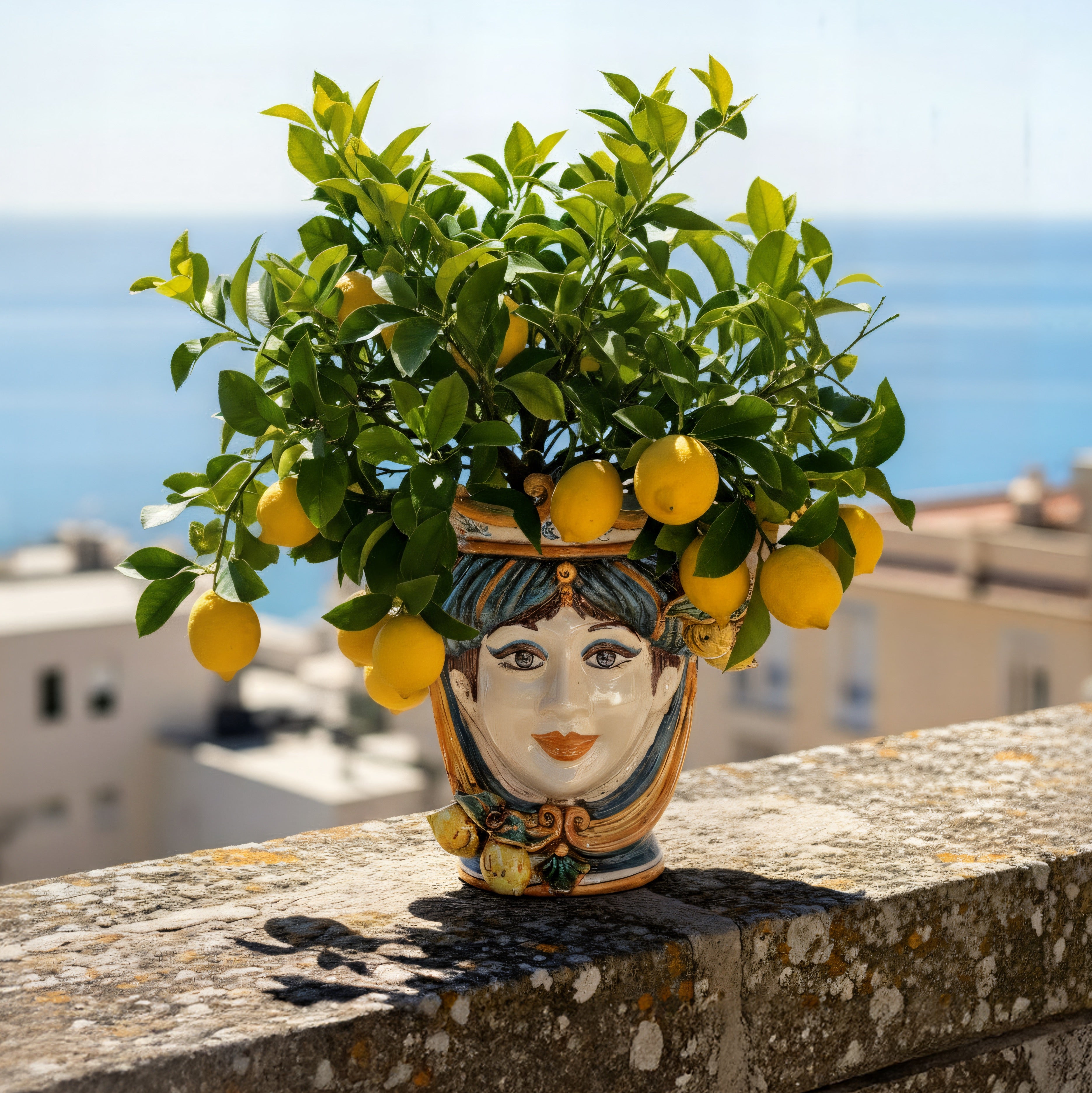 Testa h 25 cm limoni blu e arancio femmina - Ceramiche di Caltagirone Sofia