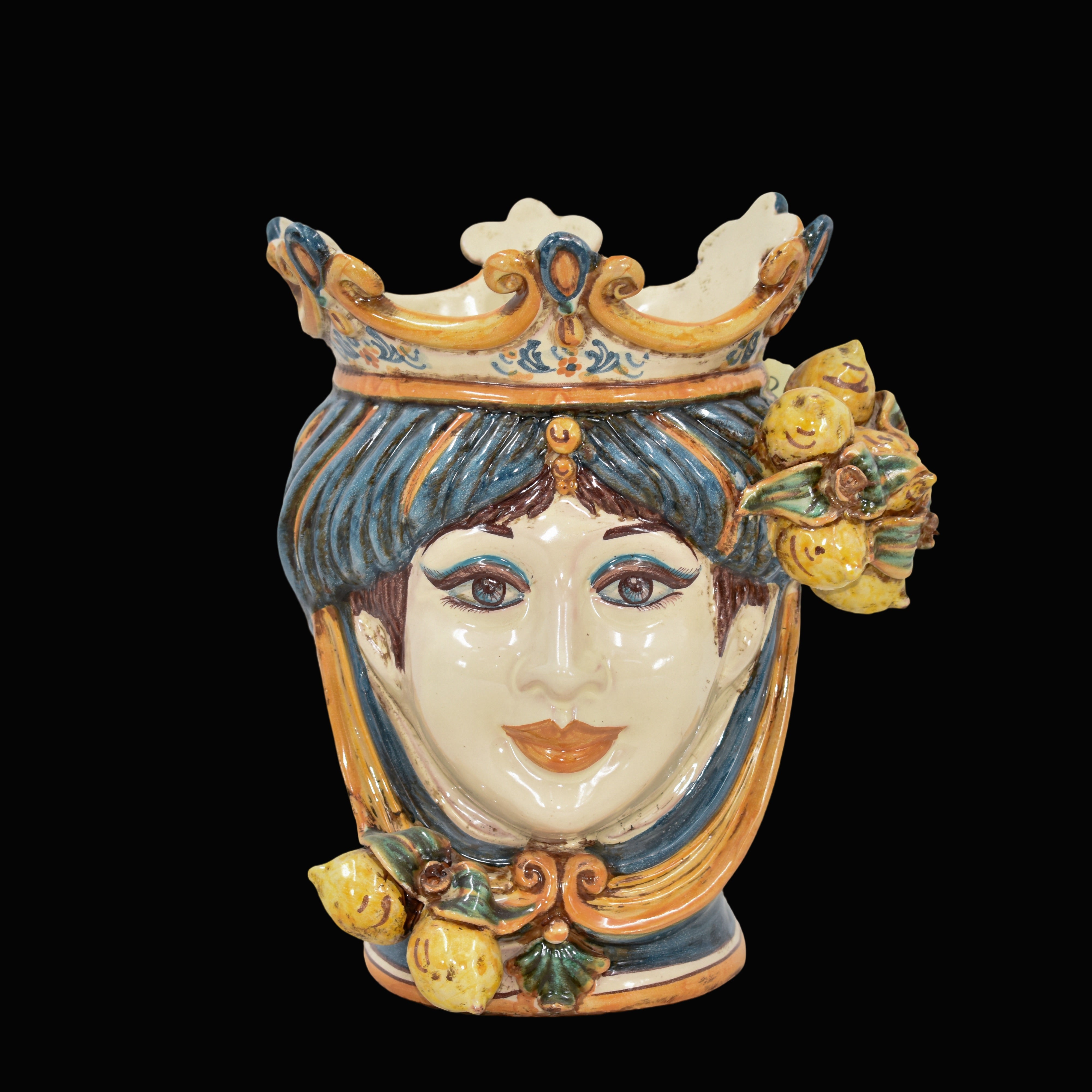 Testa h 25 cm limoni blu e arancio femmina - Ceramiche di Caltagirone Sofia