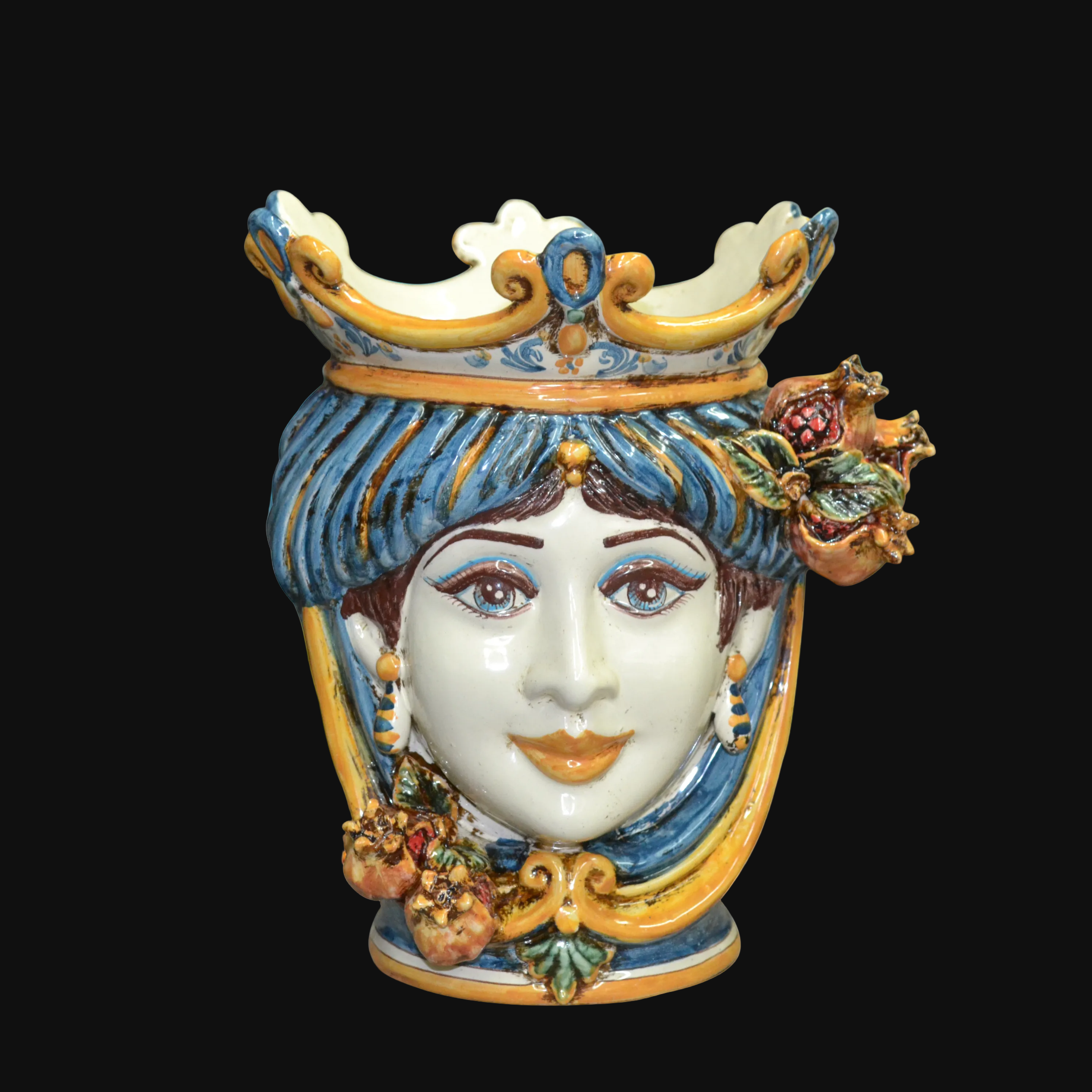 Vaso in ceramica Caltagirone fatto a mano con volto femminile, corona e melograni colorati