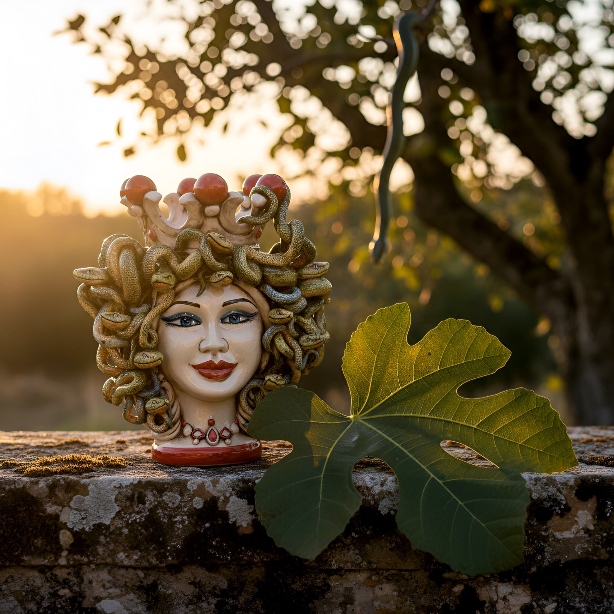 Testa h 25 turbante medusa madreperla colorato perline rosse - Ceramiche di Caltagirone Sofia