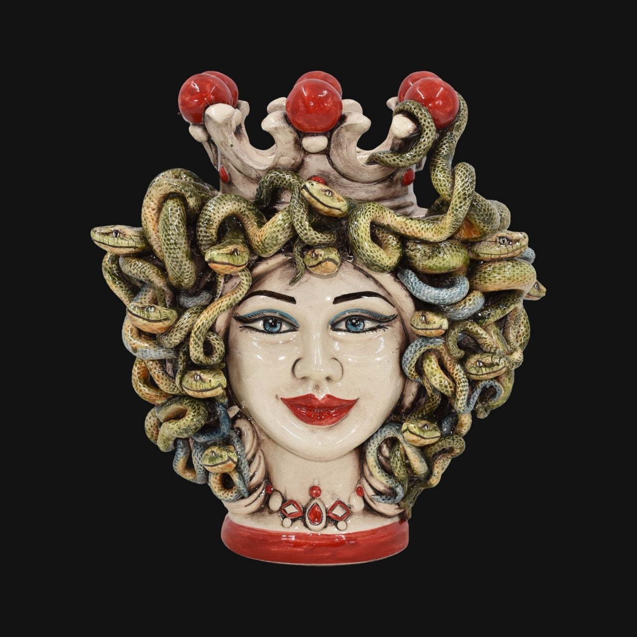 Testa h 25 turbante medusa madreperla colorato perline rosse - Ceramiche di Caltagirone Sofia