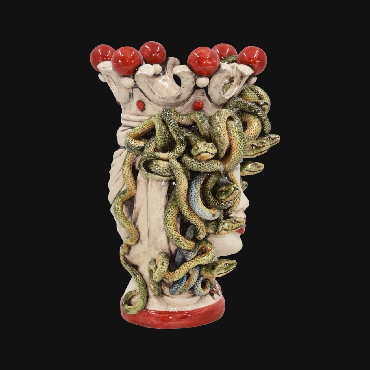 Testa h 25 turbante medusa madreperla colorato perline rosse - Ceramiche di Caltagirone Sofia
