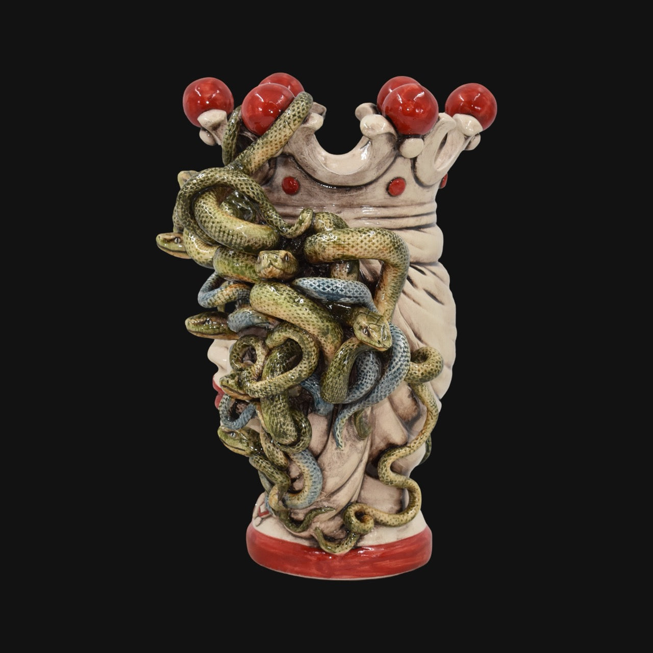 Testa h 25 turbante medusa madreperla colorato perline rosse - Ceramiche di Caltagirone Sofia