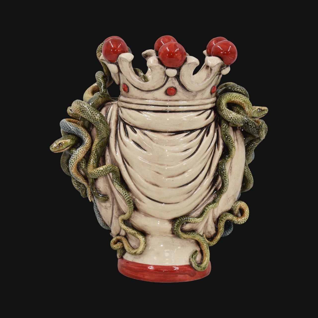 Testa h 25 turbante medusa madreperla colorato perline rosse - Ceramiche di Caltagirone Sofia