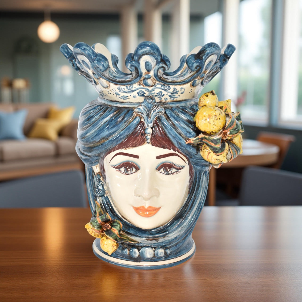 Testa h 40 con limoni mono blu femmina - Ceramiche di Caltagirone Sofia