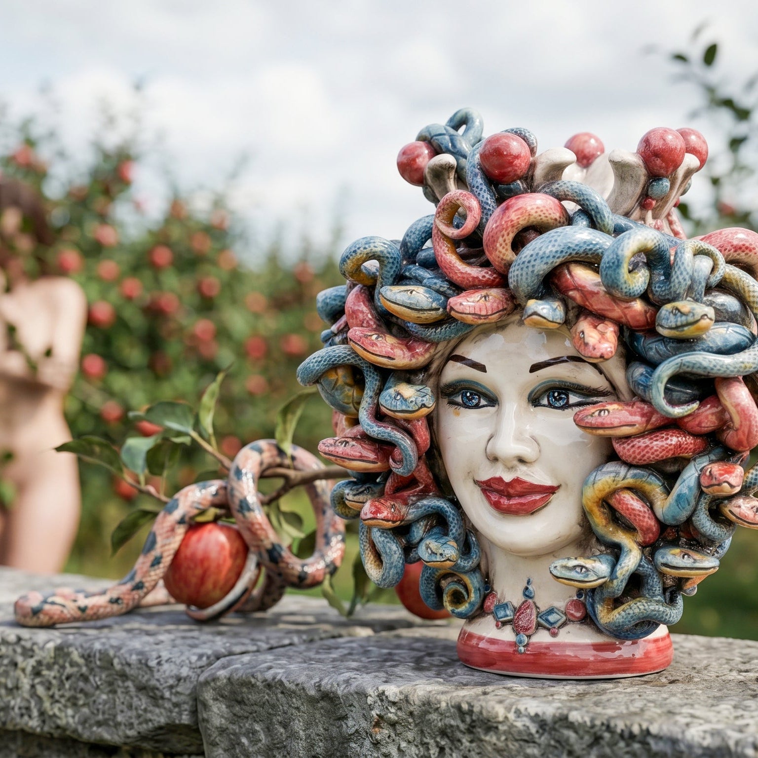 Testa Medusa h 25 cm maschio moro - con Perline Bordeaux | Ceramica Caltagirone