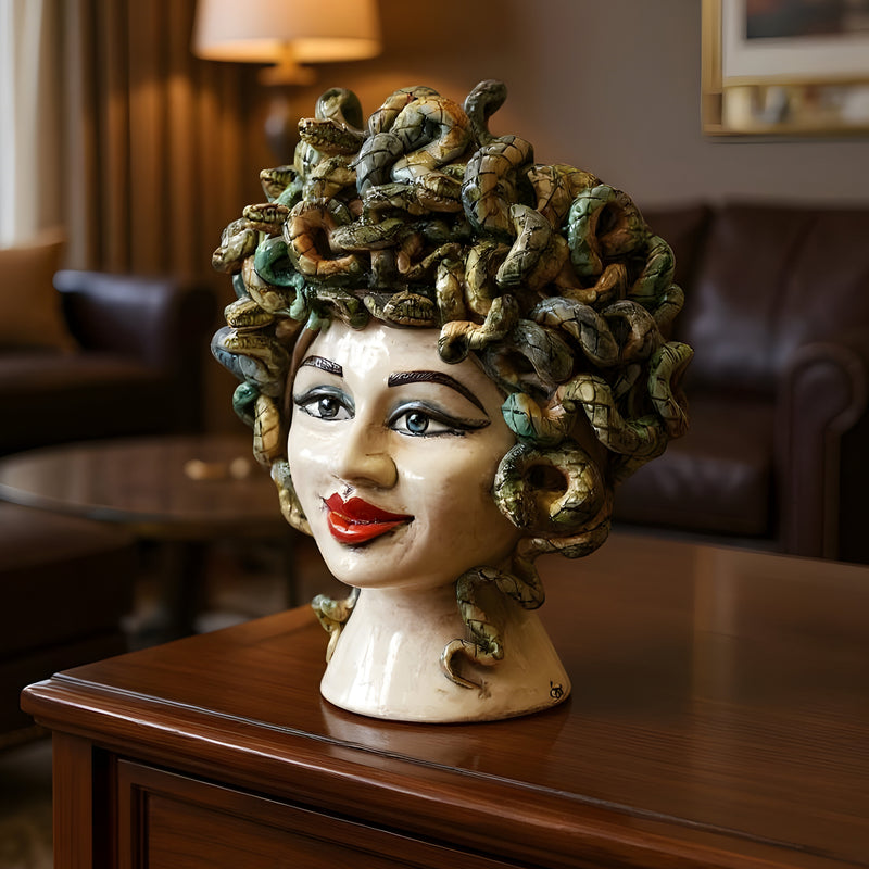 Testa Medusa h 40 cm - Madreperla Antichizzato, Labbra Rosse | Ceramica Caltagirone