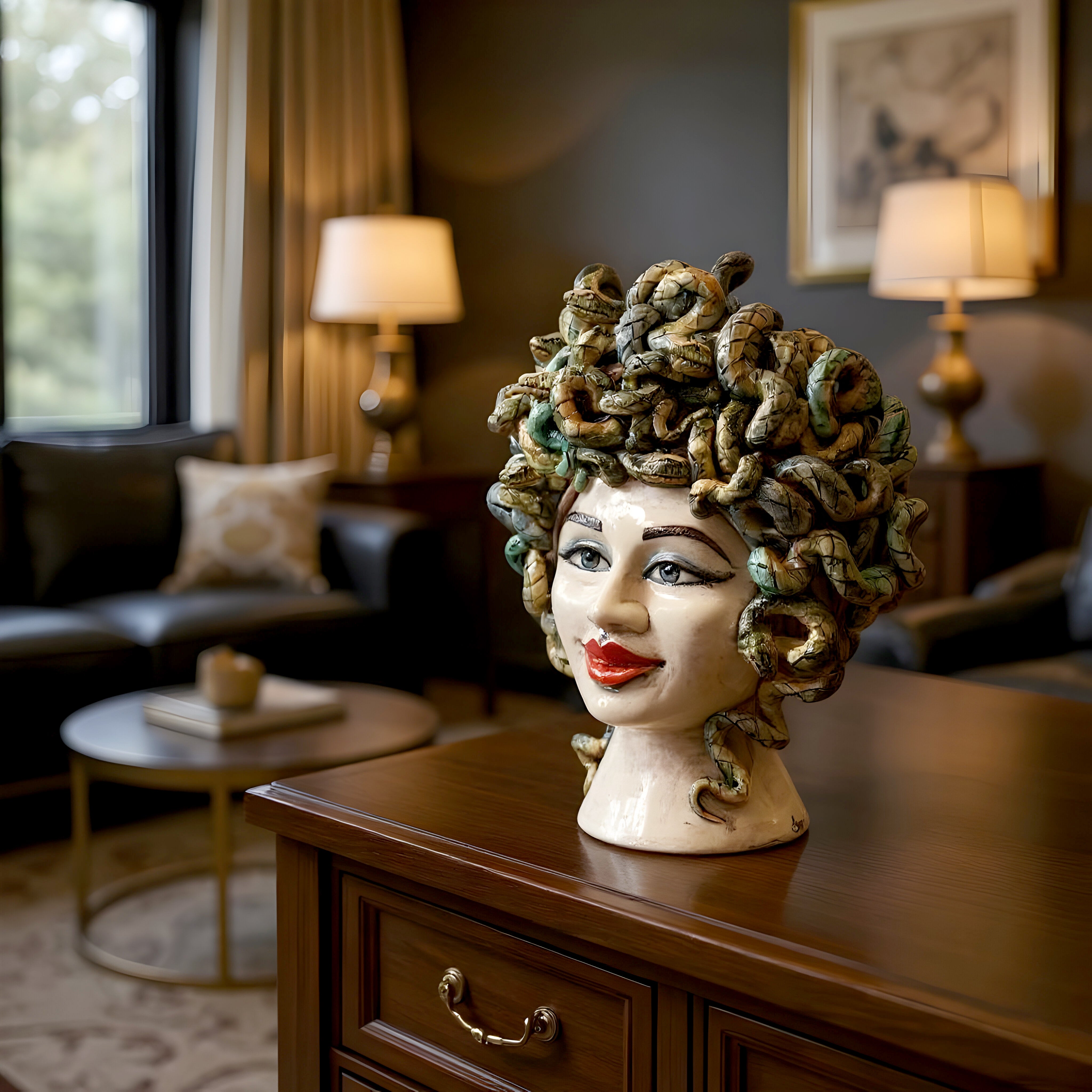 Testa Medusa sognia h 40 madreperla antichizzato labbra rosse femmina - Ceramiche di Caltagirone Sofia