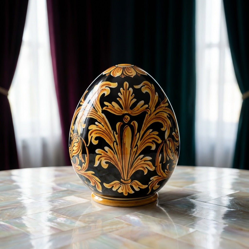Uovo Decorativo in Ceramica di Caltagirone h 20 cm - Ornato Fondo Nero