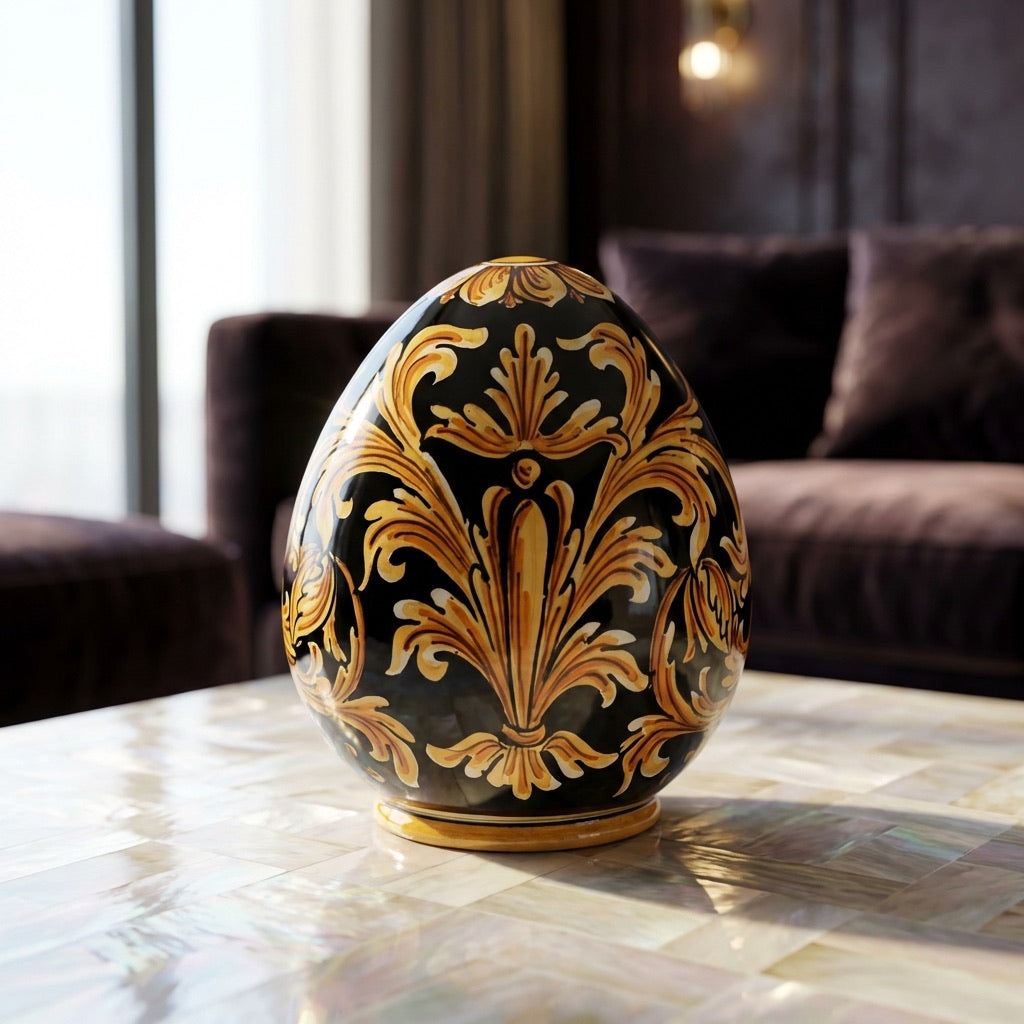 Uovo Decorativo in Ceramica di Caltagirone h 20 cm - Ornato Fondo Nero