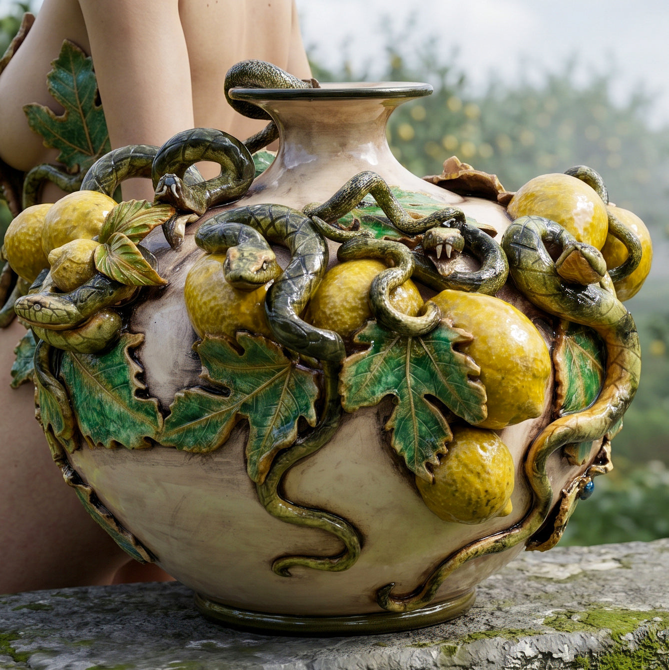Vaso Boccia Eden con Limoni Applicati in Ceramica di Caltagirone - Linea Giardini dell'Eden, Madreperla