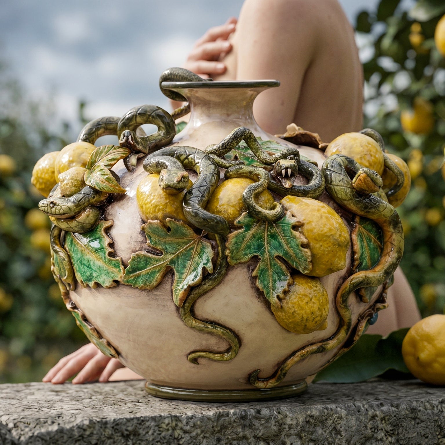 Vaso Boccia Eden con Limoni Applicati in Ceramica di Caltagirone - Linea Giardini dell'Eden, Madreperla