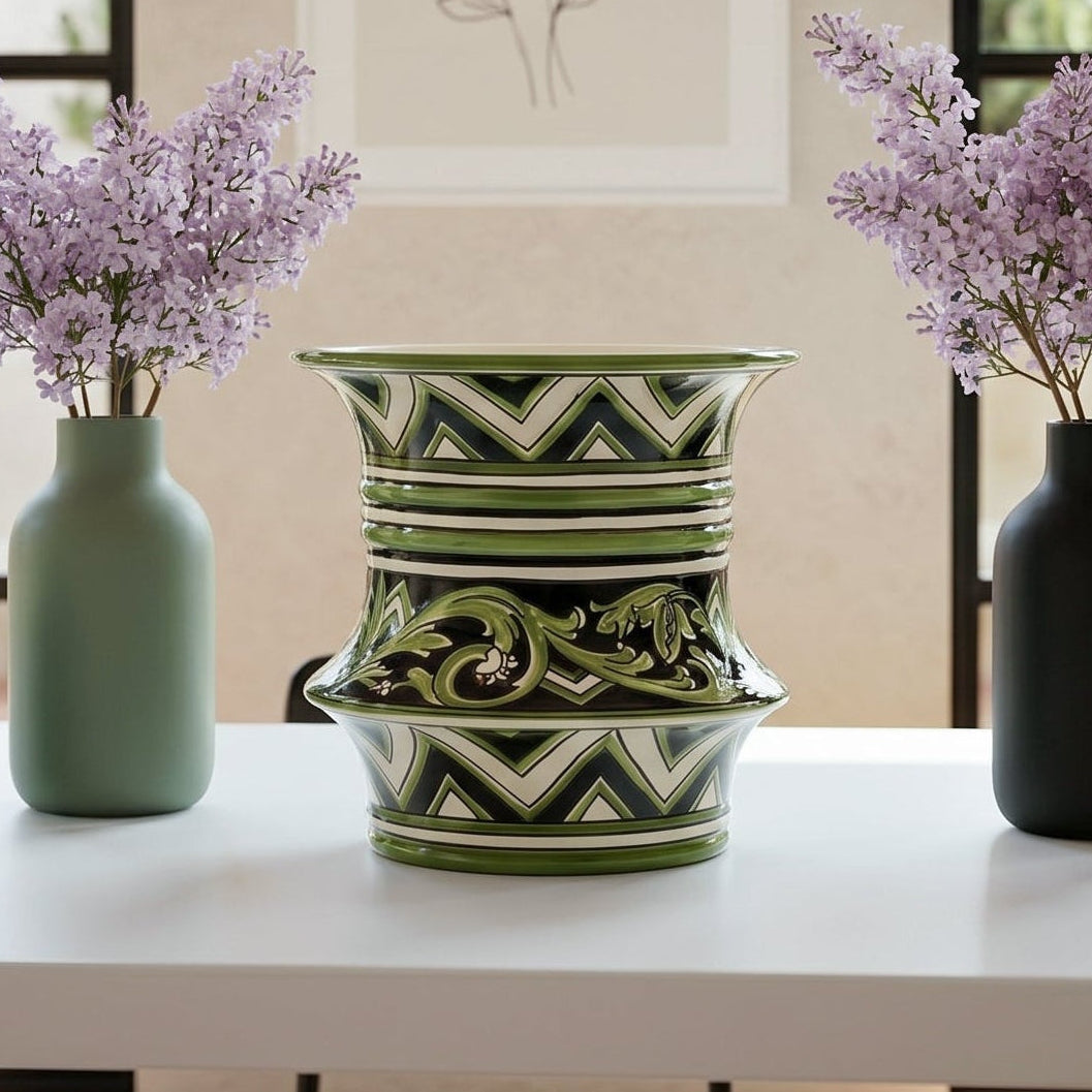 Vaso cilindro a fasce in Ceramica di Caltagirone h 25 cm Ø 23 - Linea Parigi Nero e Verde