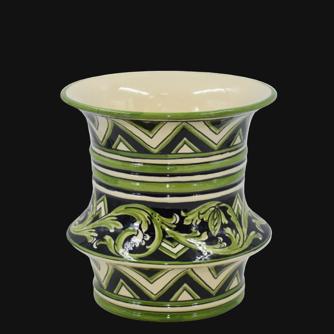 Vaso cilindro a fasce in Ceramica di Caltagirone h 25 cm Ø 23 - Linea Parigi Nero e Verde