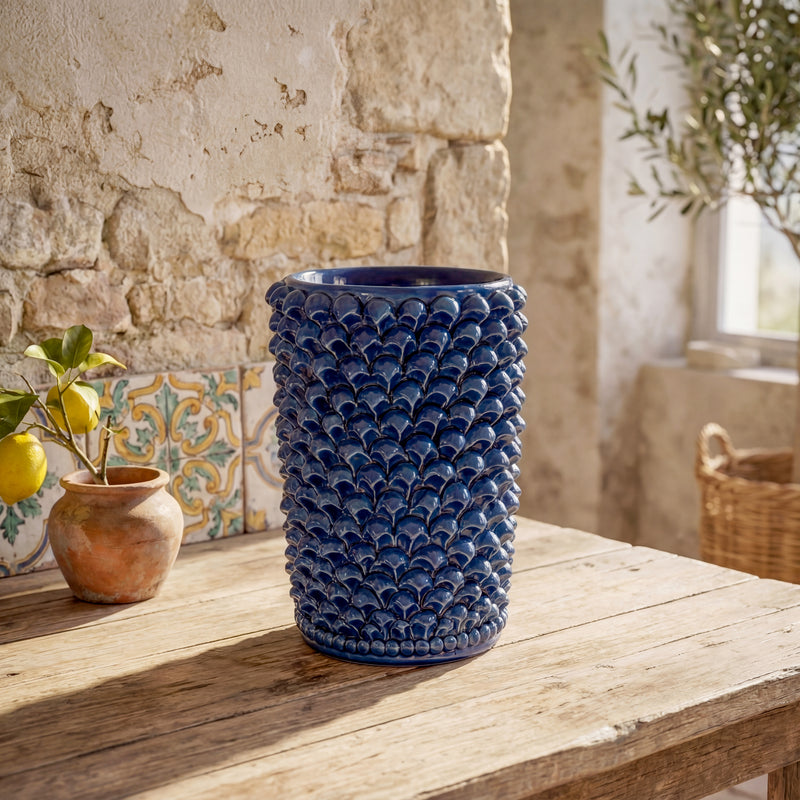 Vaso Cilindro Pigna in Ceramica di Caltagirone h 25 cm - Blu Intenso