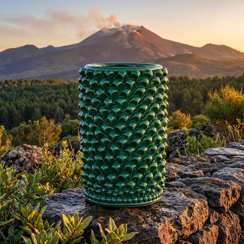 Vaso Cilindro Pigna in Ceramica di Caltagirone h 25 cm - Verde Antico