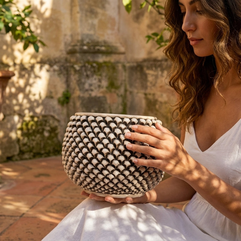 Vaso Mezza Pigna Senza Piede in Ceramica di Caltagirone - Madreperla Antichizzato