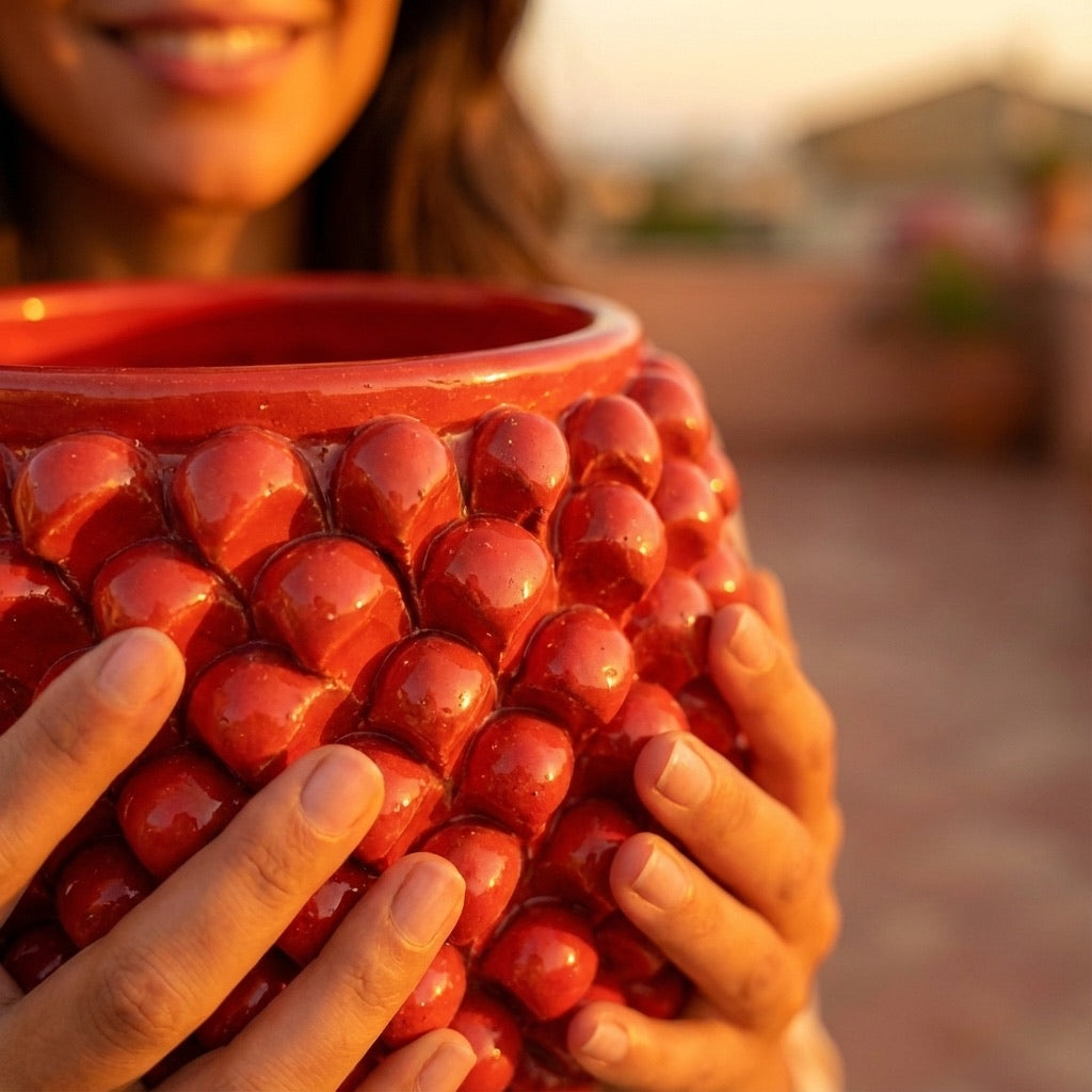 Vaso mezza pigna s/piede rosso fuoco in ceramica di Caltagirone - Ceramiche di Caltagirone Sofia