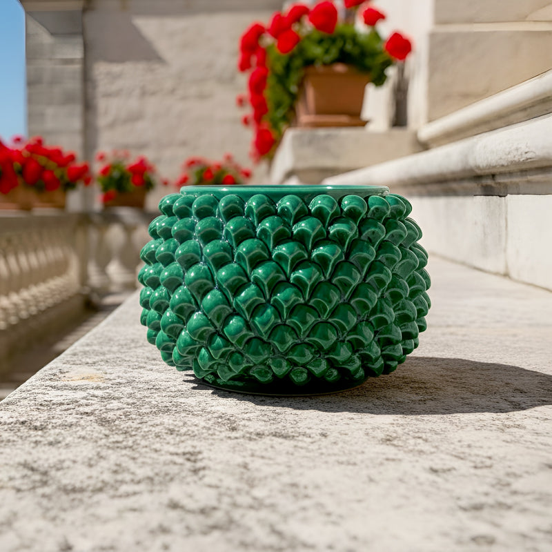 Vaso Mezza Pigna Senza Piede in Ceramica di Caltagirone - Verde Smeraldo