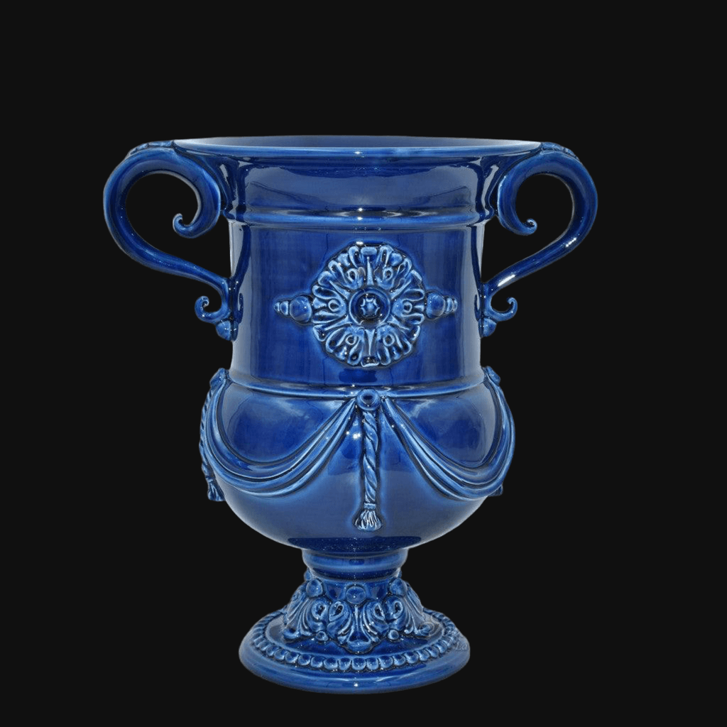 Vaso monumentale blu intenso in ceramica di Caltagirone fatti a mano, design moderno.