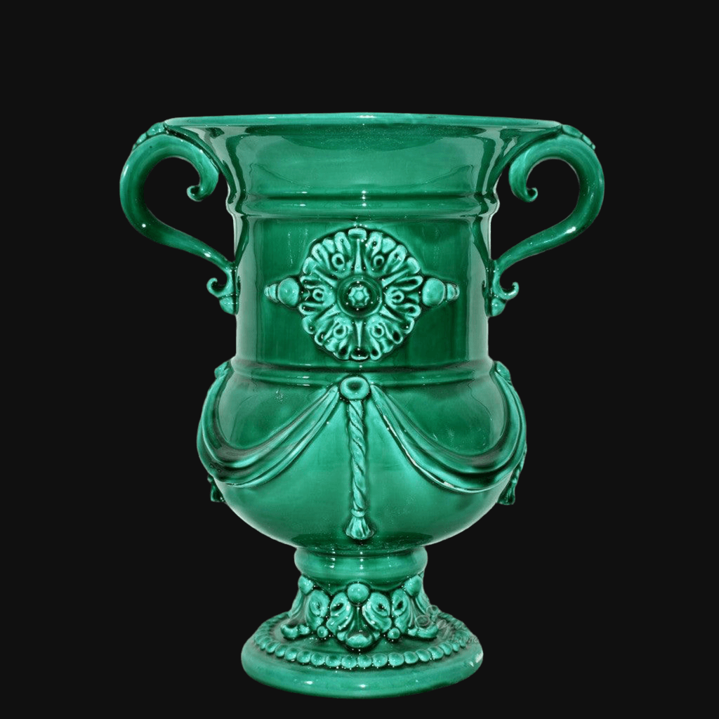 Vaso monumentale verde smeraldo in ceramica di Caltagirone, fatti a mano, stile classico Sofia