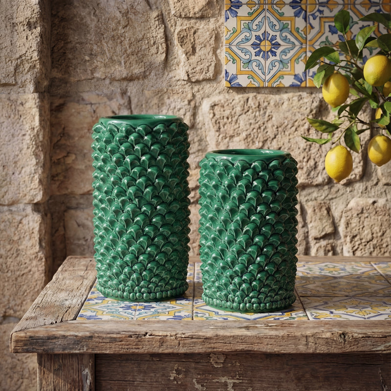 Vaso Pigna Cilindro in Ceramica di Caltagirone - Verde Smeraldo