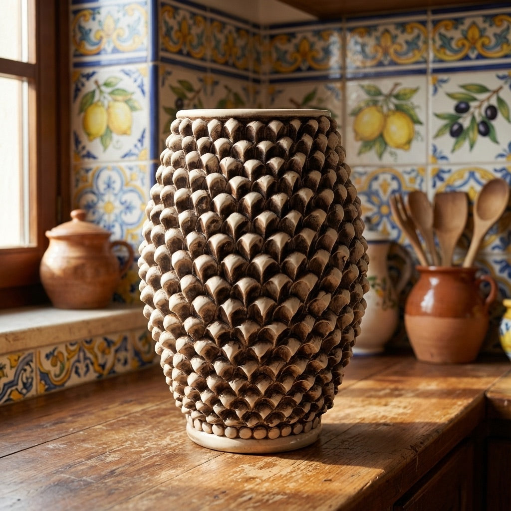Vaso pigna di Caltagirone madreperla antichizzato modellata a mano - Ceramiche di Caltagirone Sofia