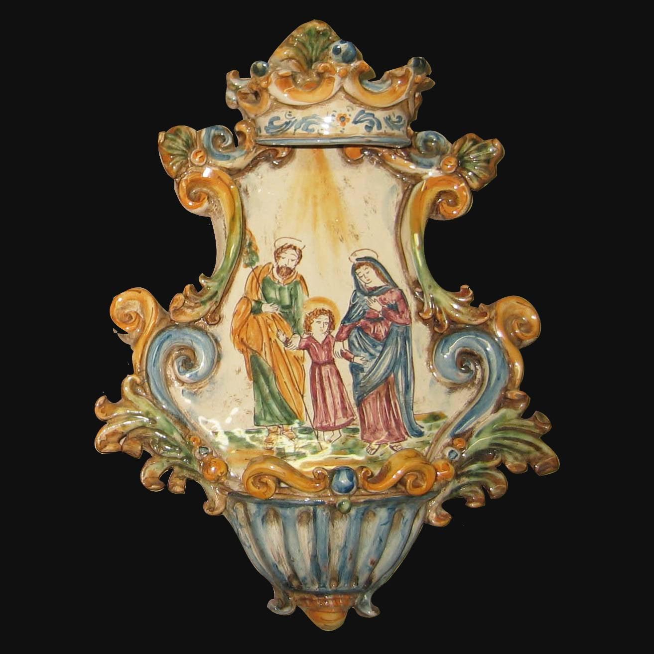 Ceramiche di Caltagirone fatti a mano con raffigurazione sacra e decori barocchi colorati