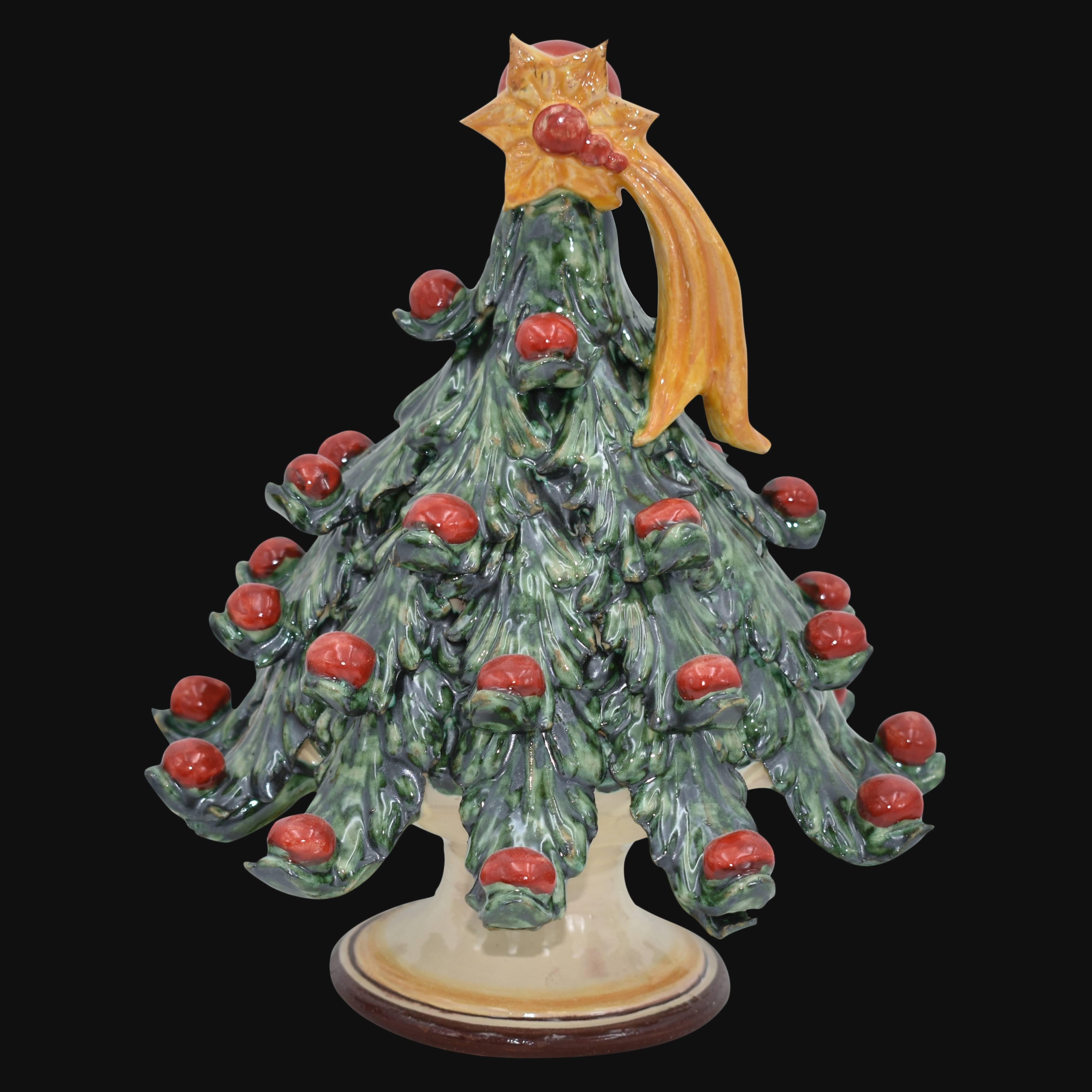 Albero di Natale in ceramica Caltagirone fatto a mano con stella e palle rosse