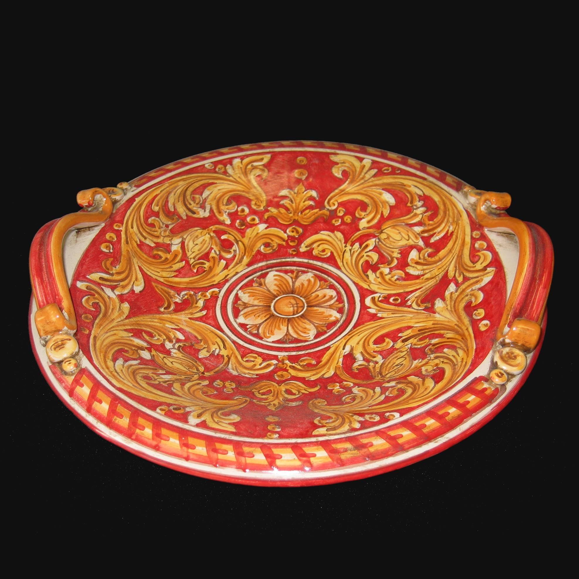 Vassoio in ceramica di Caltagirone fatta a mano, decoro rosso e oro, manici curvi, stile tradizionale siciliano