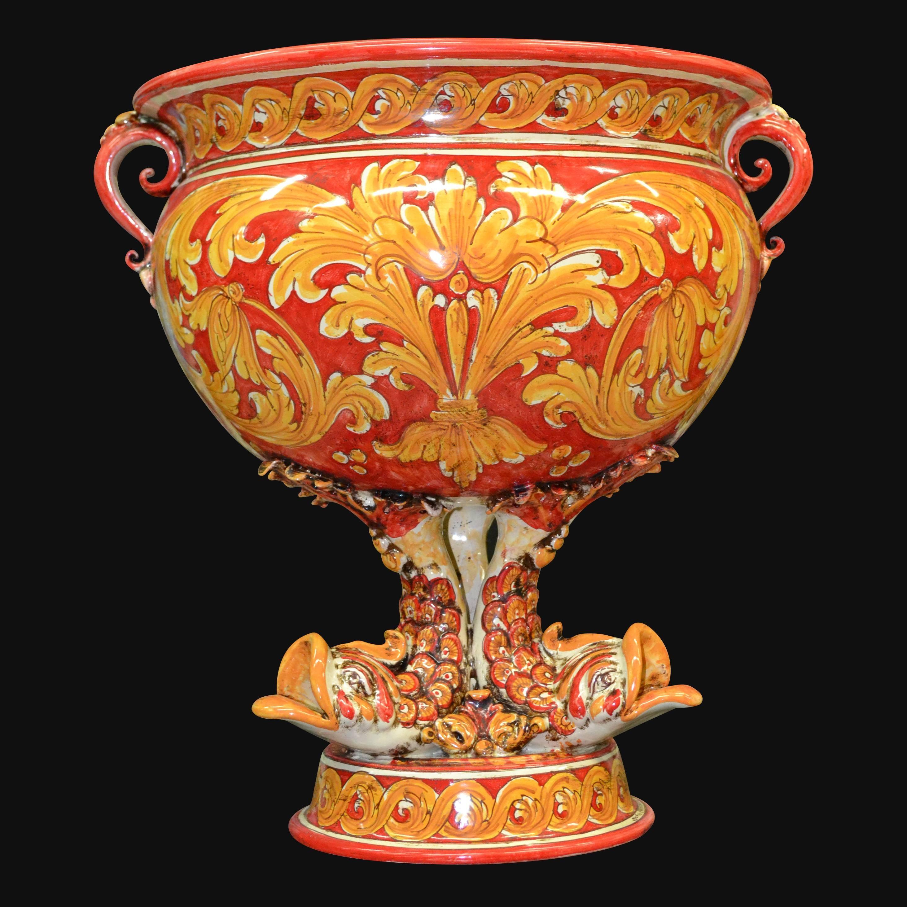 Ceramiche di Caltagirone fatti a mano, vaso decorato rosso e giallo con manici e base scolpita