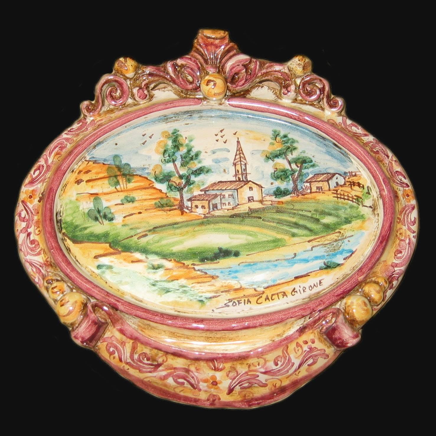 Ceramiche di Caltagirone fatti a mano con paesaggio rurale dipinto a mano, cornice ornata e firma Sofia Caltagirone