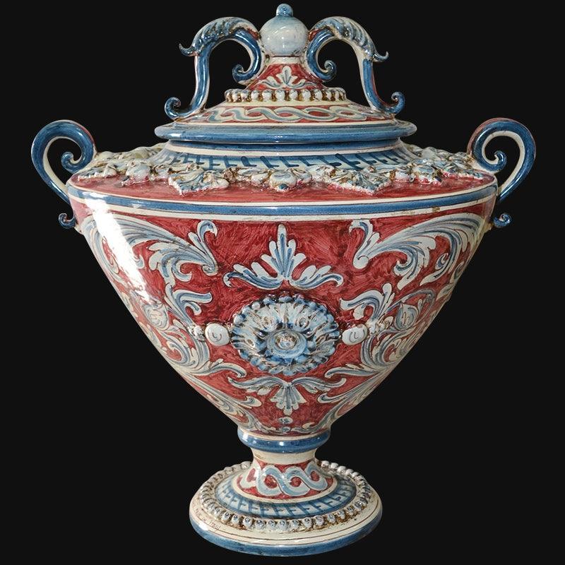 Vaso in ceramica di Caltagirone fatta a mano, decoro rosso e blu, stile barocco, con coperchio e manici