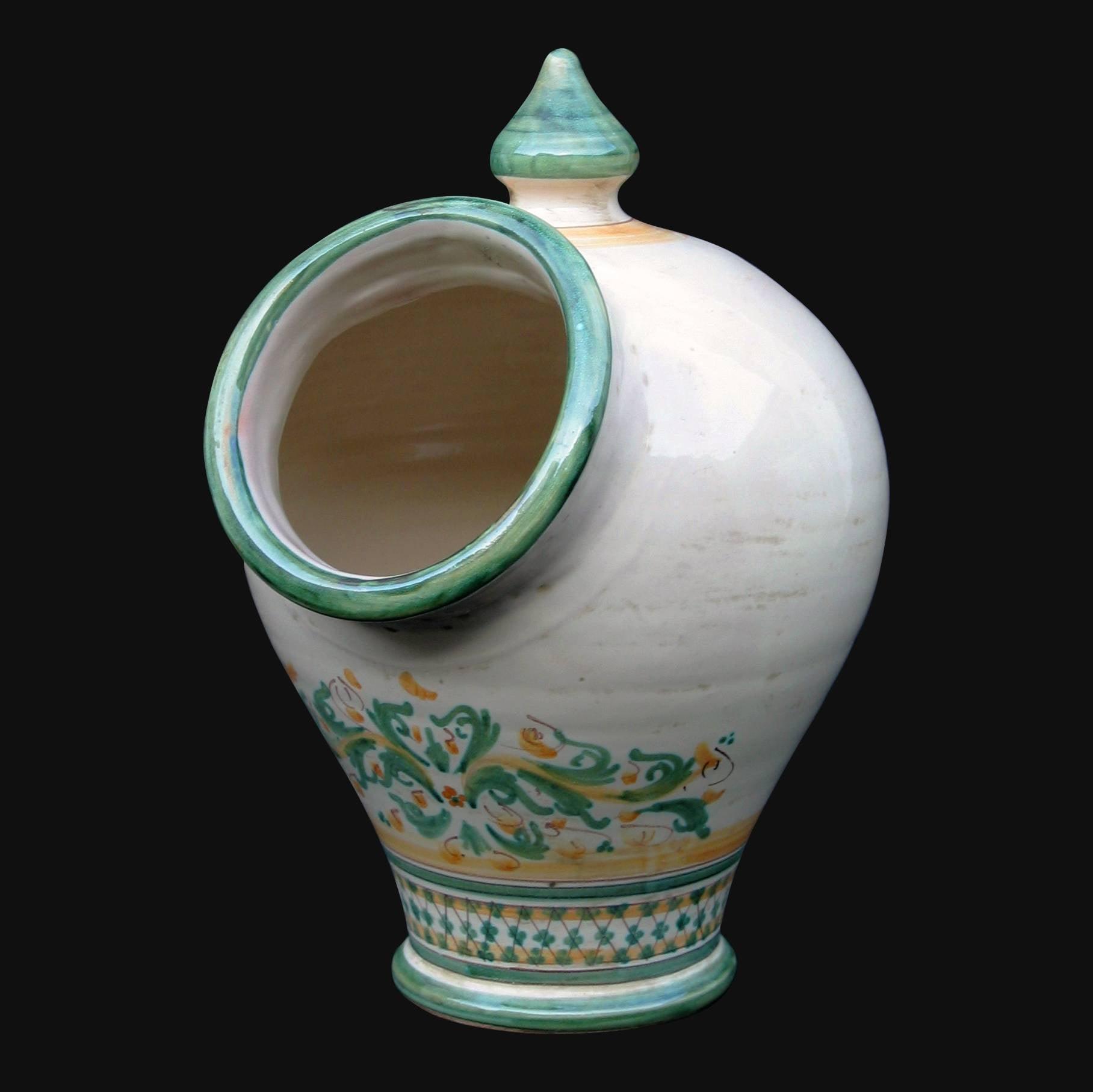 Ceramica di Caltagirone fatta a mano con decori verdi e gialli, vaso artigianale con coperchio