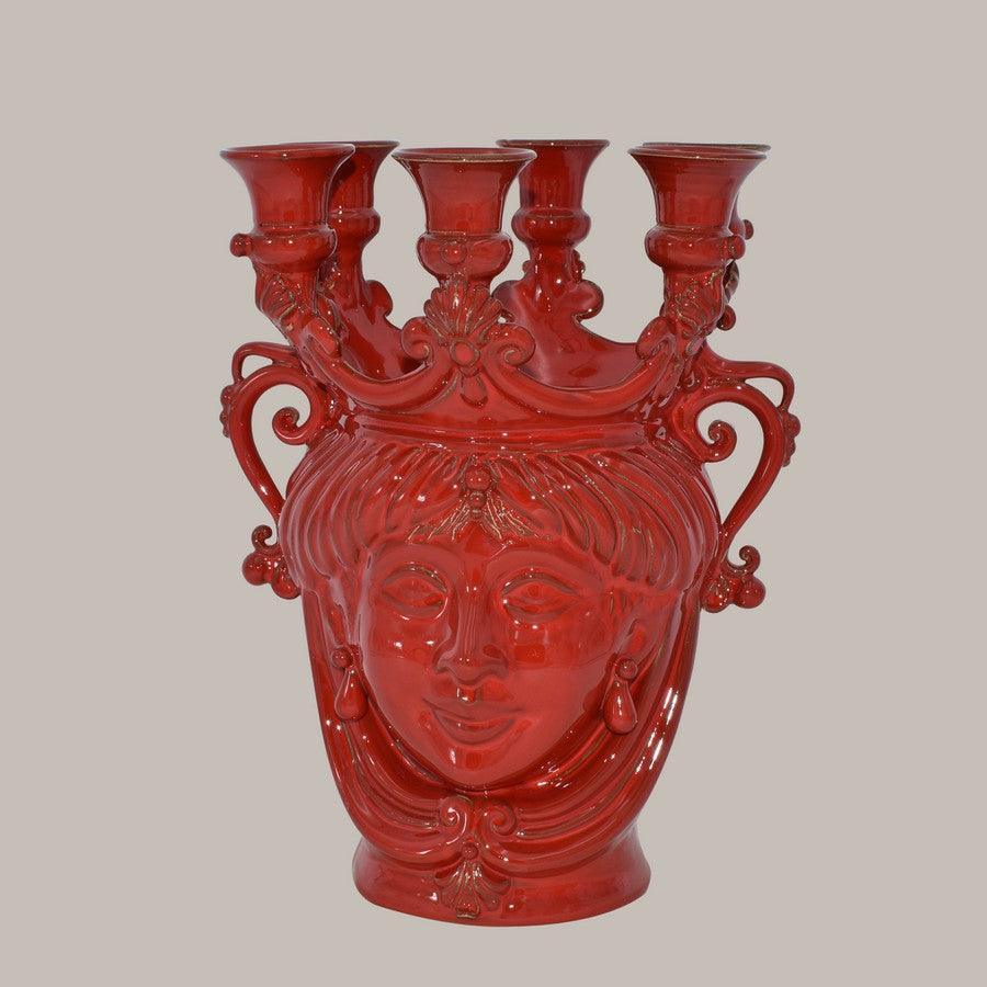 Ceramiche di Caltagirone fatti a mano: candelabro rosso con volto femminile e dettagli barocchi