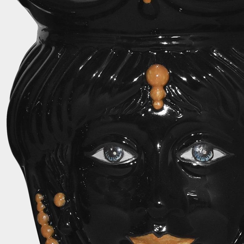 Ceramiche di Caltagirone fatti a mano, volto nero lucido con occhi azzurri e dettagli arancioni