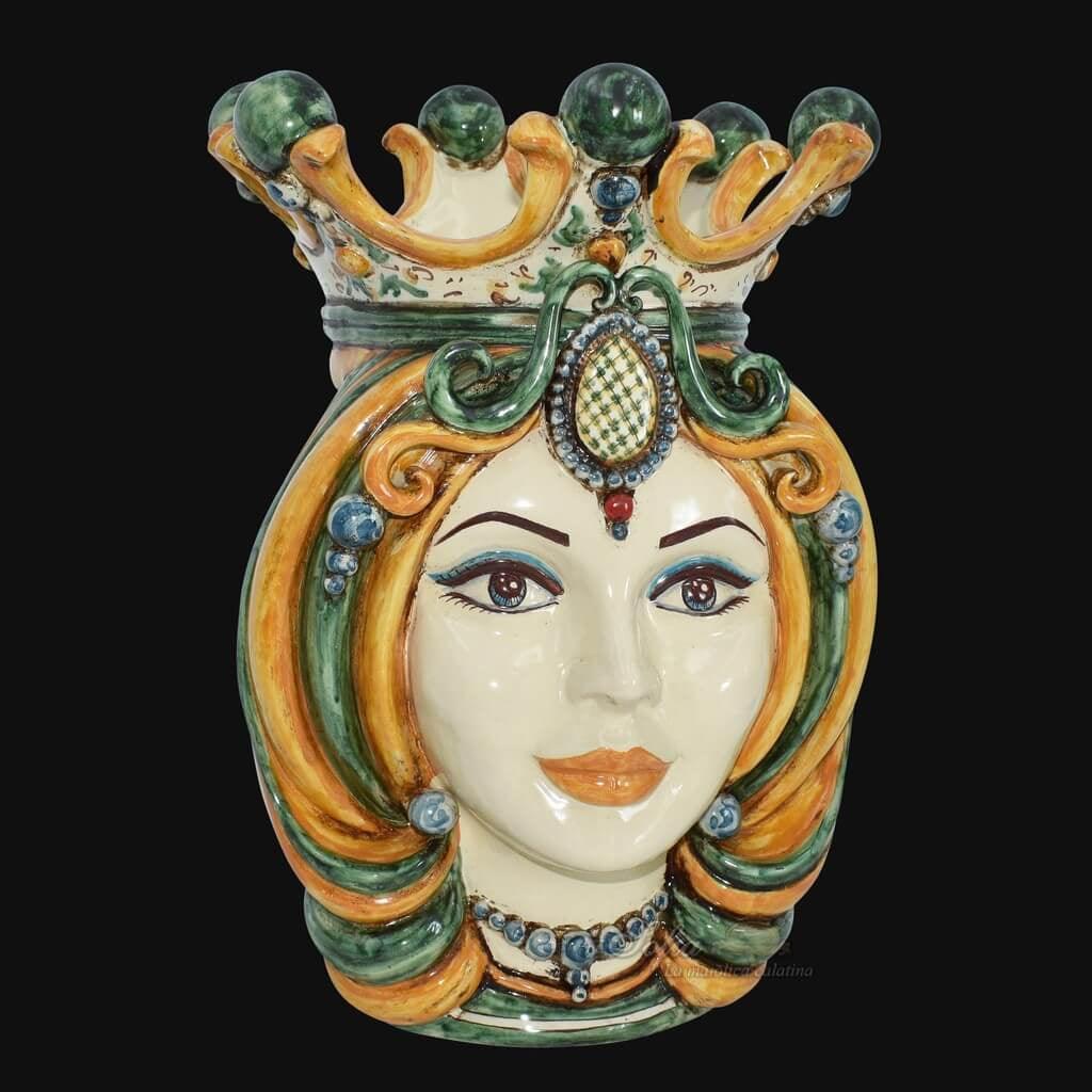 Ceramiche di Caltagirone fatti a mano, maschera regale con corona e colori vivaci