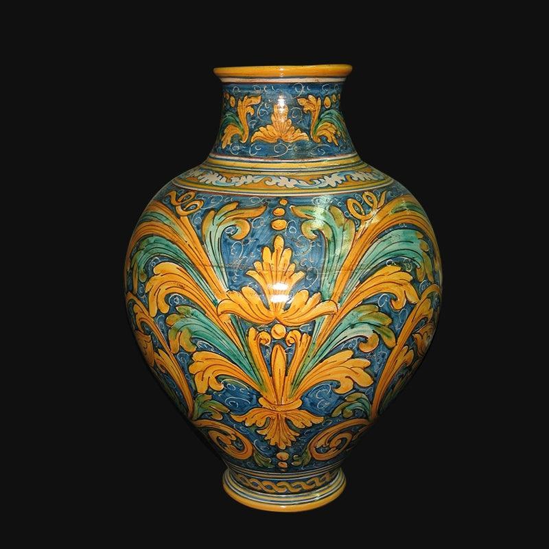 Vaso in ceramica di Caltagirone fatta a mano con decori floreali blu, gialli e verdi